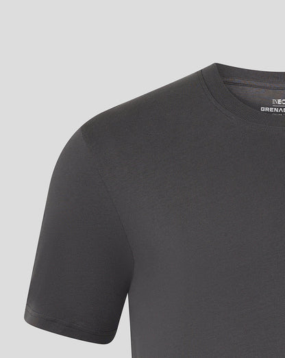 Close up of grey Ineos Grenadiers T shirt showing shoulder and neck seam details