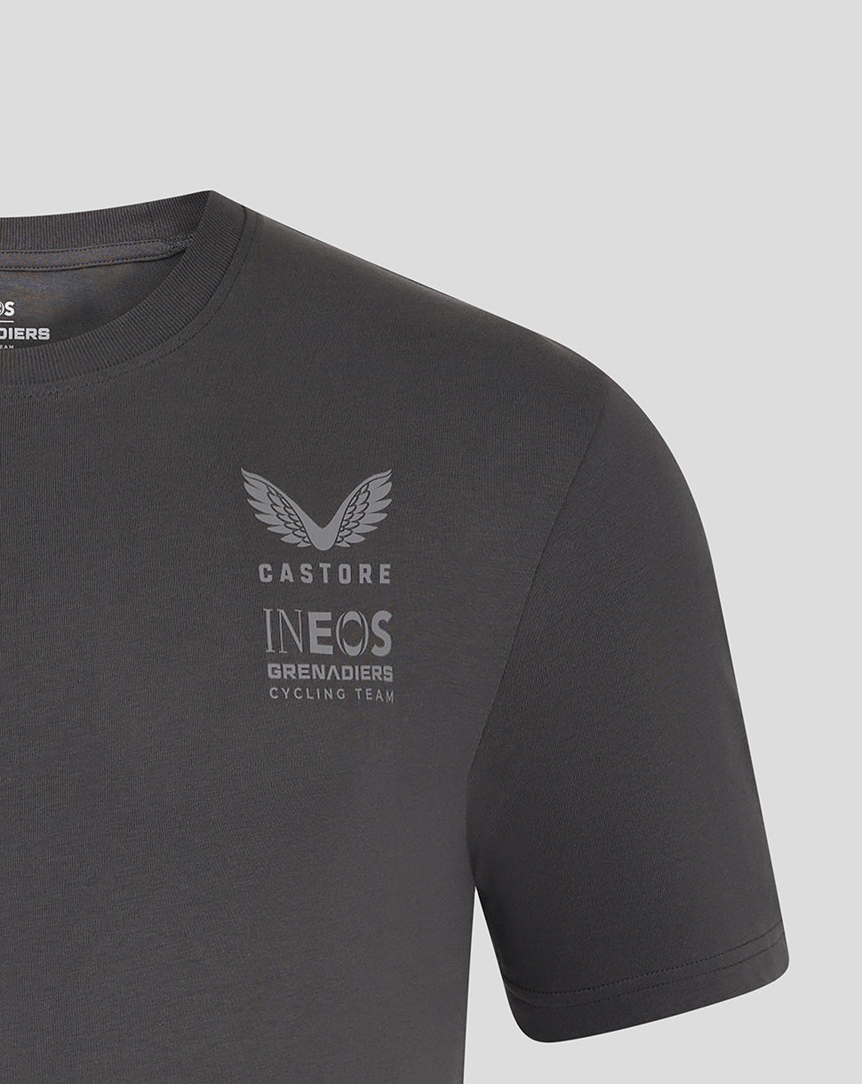 Dark grey Ineos Grenadiers unisex T shirt with front logo and subtle back graphic detail