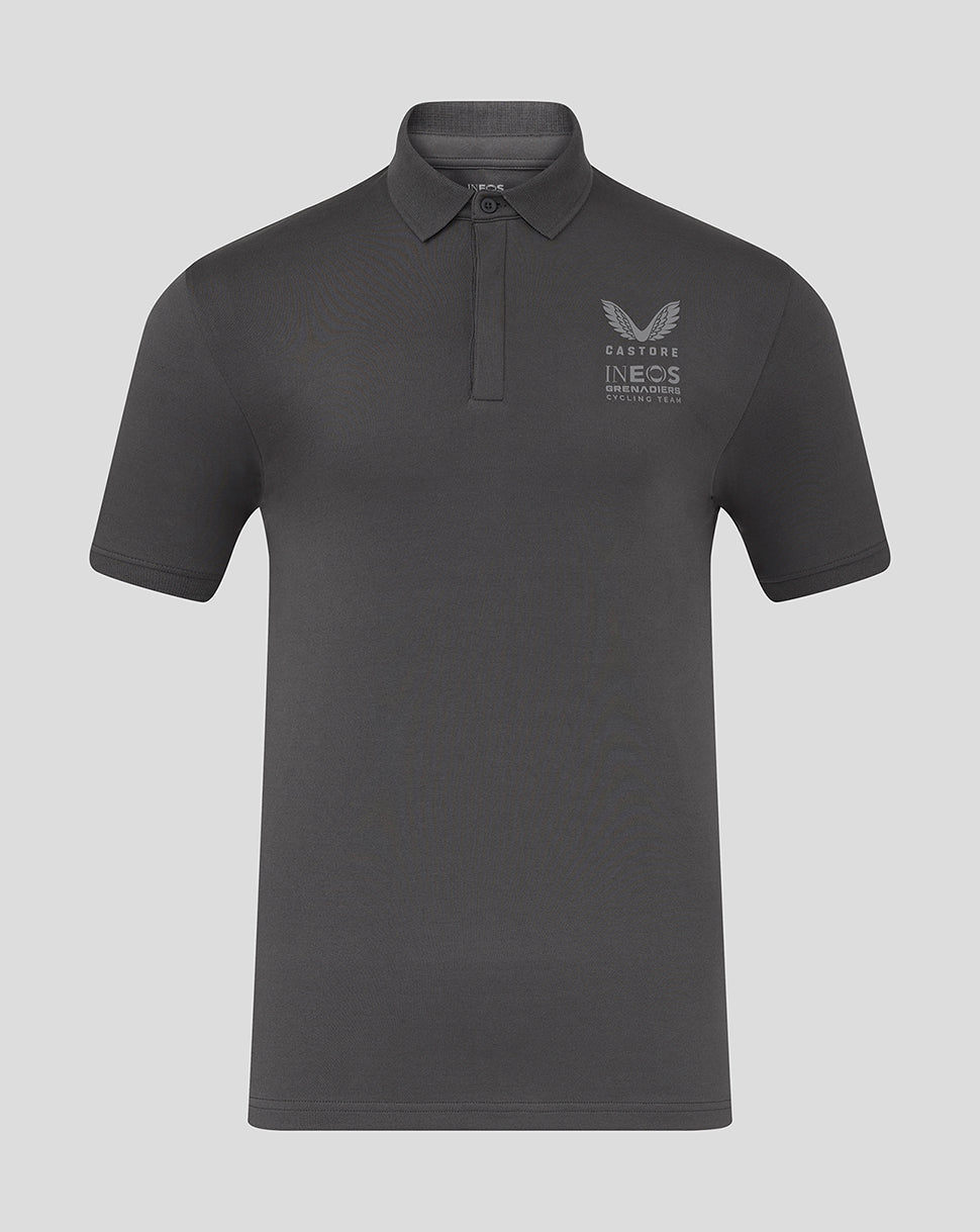 Front view of grey polo shirt with crest logo on left chest and structured collar