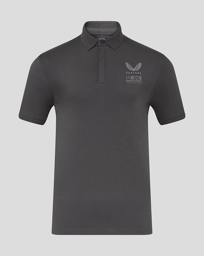 Front view of grey polo shirt with crest logo on left chest and structured collar