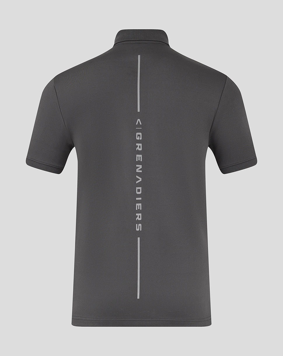 Back view of grey Ineos Grenadiers polo with a vertical line and back branding