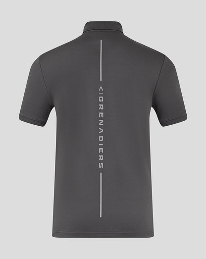 Back view of grey Ineos Grenadiers polo with a vertical line and back branding