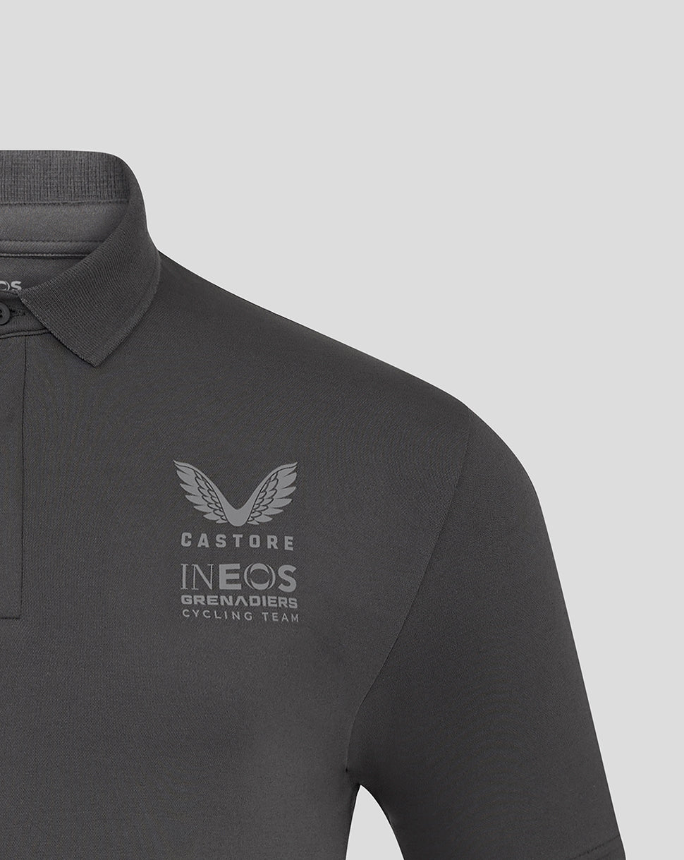 Left chest logo on grey polo displaying Castore and Ineos Grenadiers branding