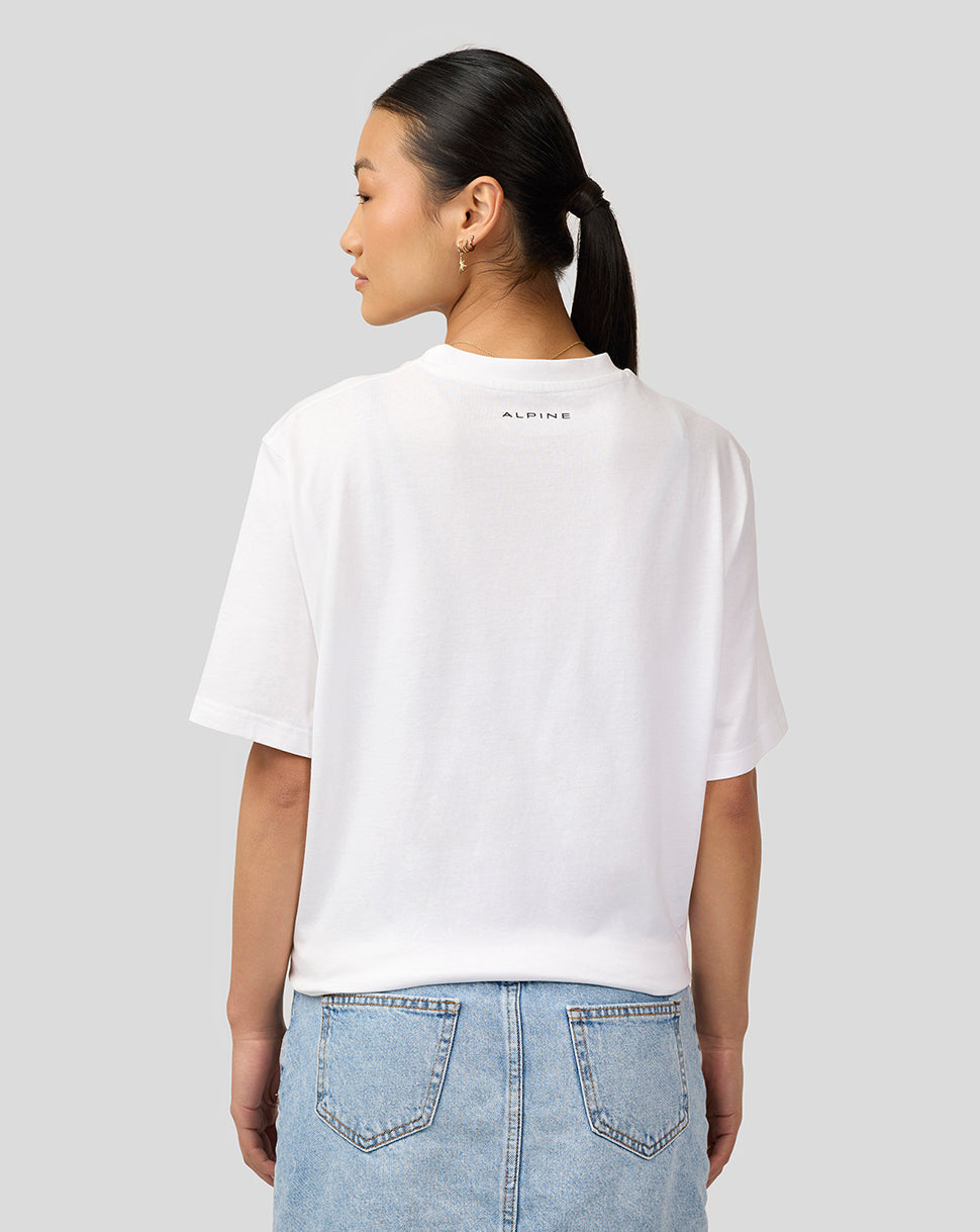 Back view of Alpine Unisex Core Essentials T-Shirt in Brilliant White with ALPINE logo on the upper back