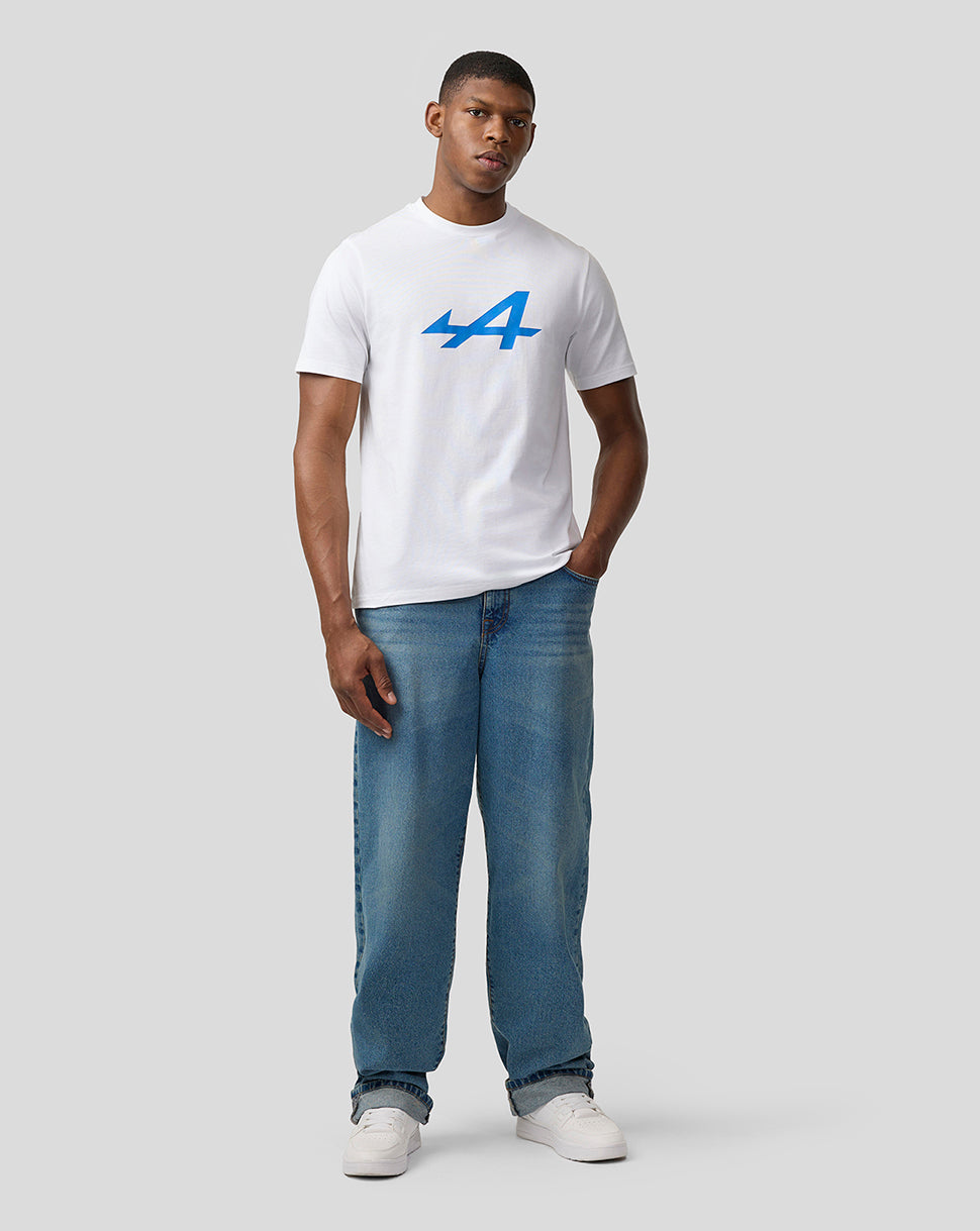 Front view of Alpine Unisex Core Essentials T-Shirt in Brilliant White with bold blue logo on the chest