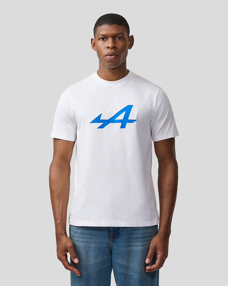 Male model wearing a brilliant white Alpine Unisex Core Essentials T-Shirt with a blue chest logo.