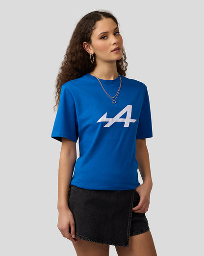 Female model wearing lapis blue Alpine Core Essentials T-Shirt with white Alpine logo on the chest