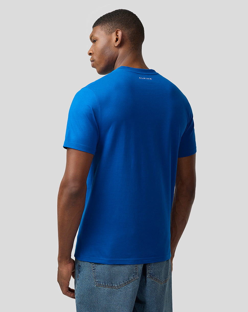 Back view of lapis blue Alpine Core Essentials T-Shirt with small Alpine wordmark at the neckline.