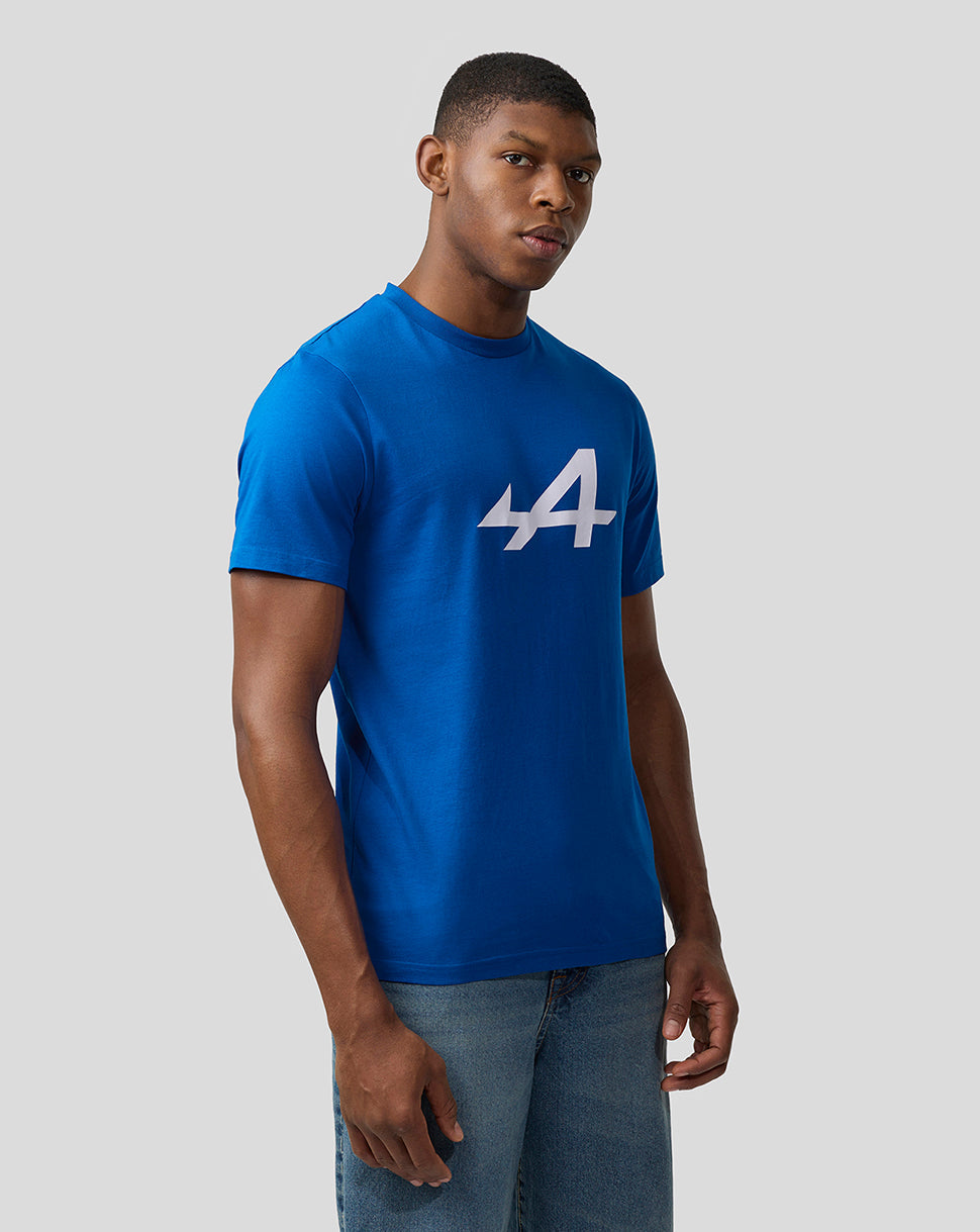 Male model wearing a lapis blue Alpine Core Essentials T-shirt with a bold white 44 on the chest