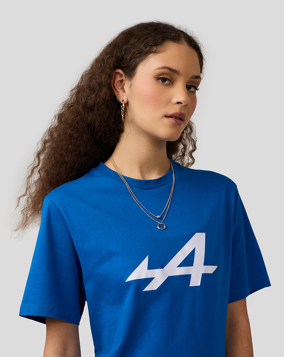 Female model in a lapis blue Alpine Core Essentials T-shirt with a big white 44 across the chest