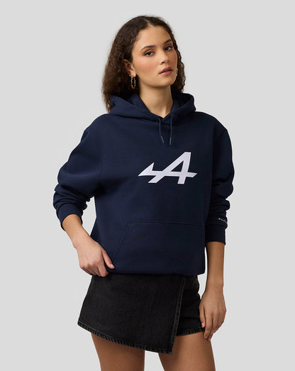 Female model wearing navy Alpine Core Essentials Hoodie with a bold white 44 logo on the chest