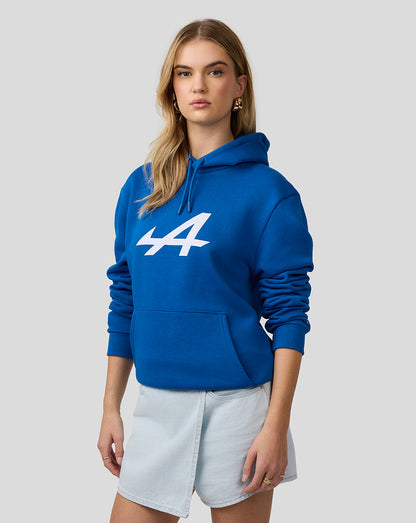 Female model wearing lapis blue Core Essentials Hoodie with a white 44 logo on the chest, drawstring hood and front kangaroo pocket