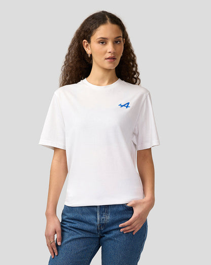 Model wearing an Alpine white unisex graphic T-shirt with a small blue left chest logo.