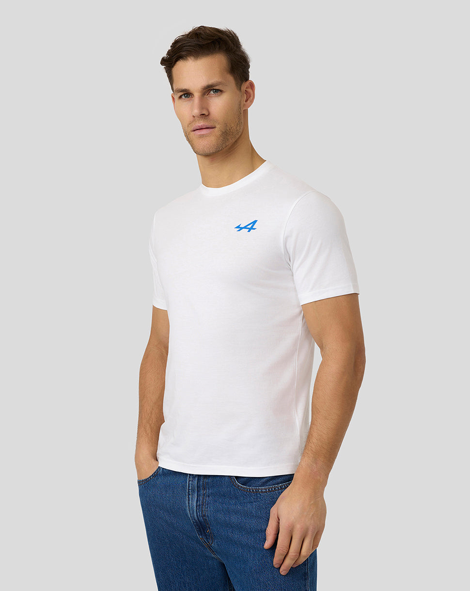 Male model wearing a white Alpine Unisex Graphic T-Shirt with a small blue logo on the left chest