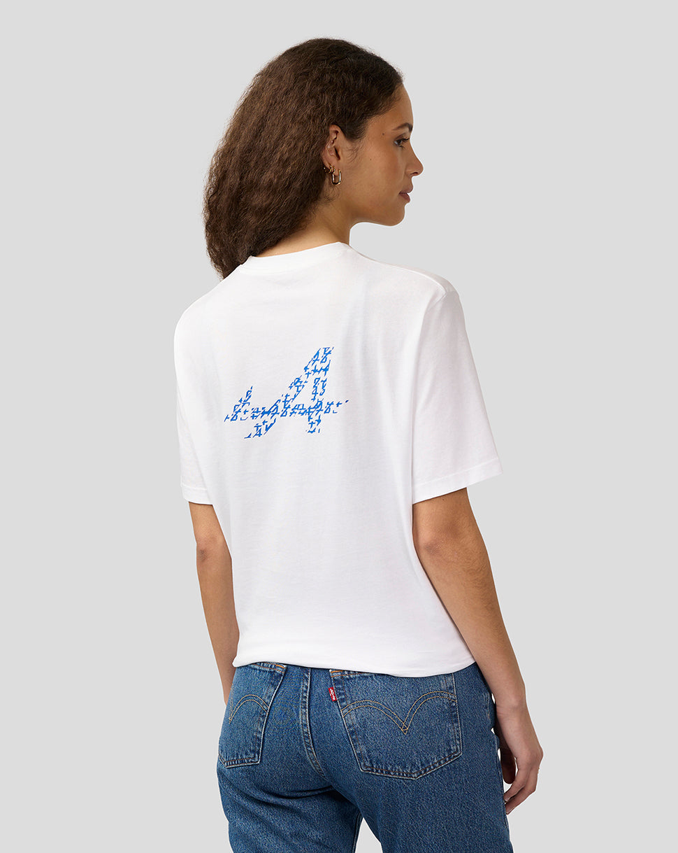 Back view of a white Alpine Unisex Graphic T-Shirt featuring a large blue logo on the back