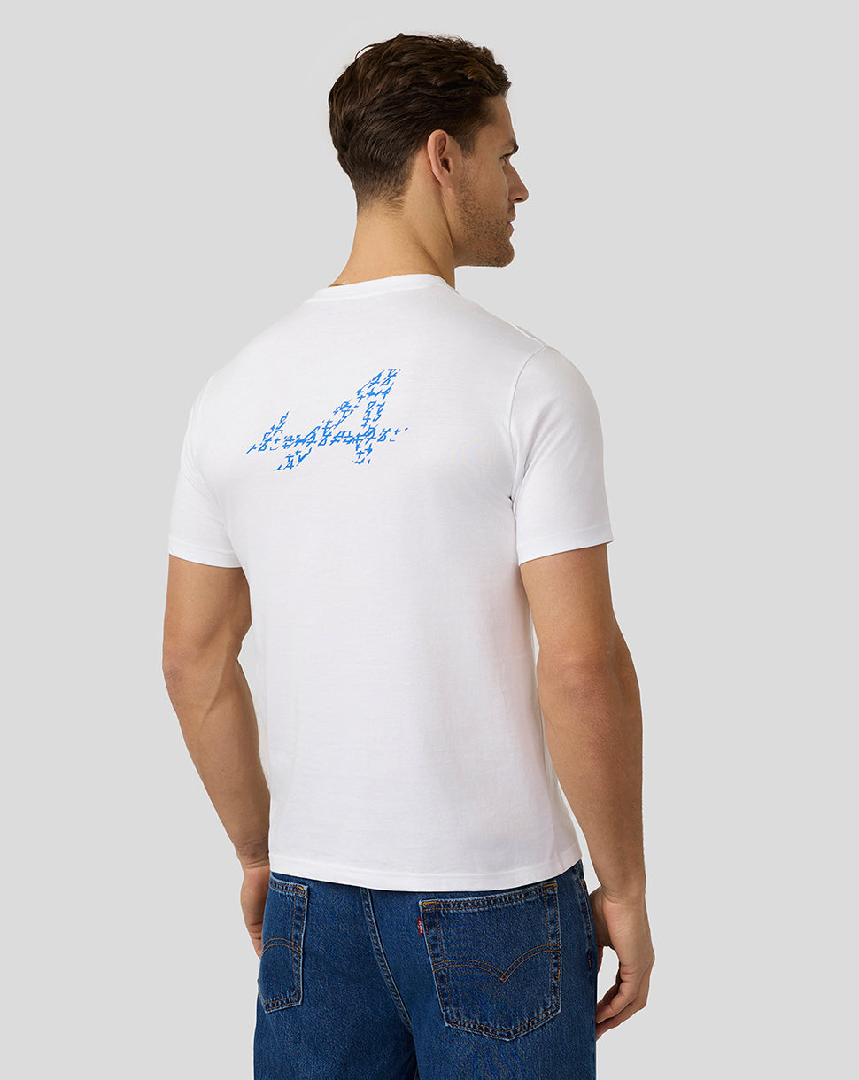 Back view of a white Alpine Unisex Graphic T-Shirt featuring a large blue logo on the back