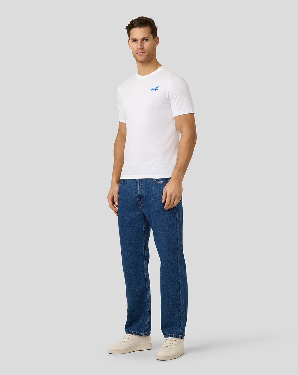 Front view of a white Alpine Unisex Graphic T-Shirt with a small blue logo on the left chest