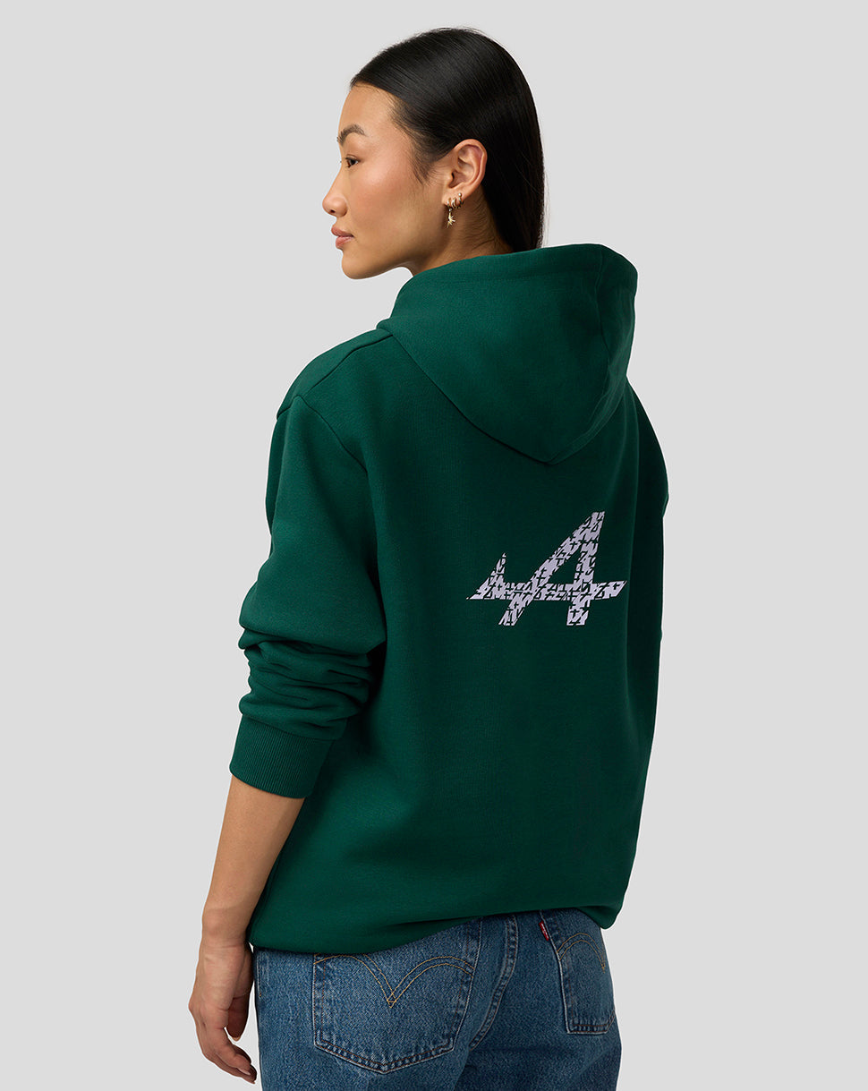 Back and side view of a forest green Alpine hoodie with a large white graphic on the back