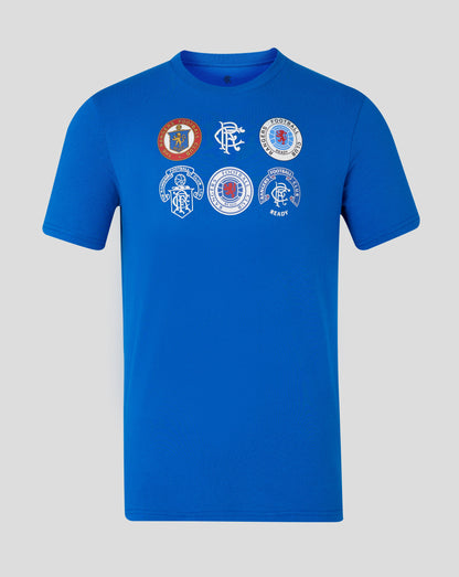Lapis blue Rangers badge tee featuring a row of club badges on the chest