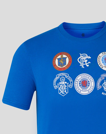 Close up of the front of a lapis blue Rangers unisex 25/26 badge tee featuring many circular club badges along the chest area.