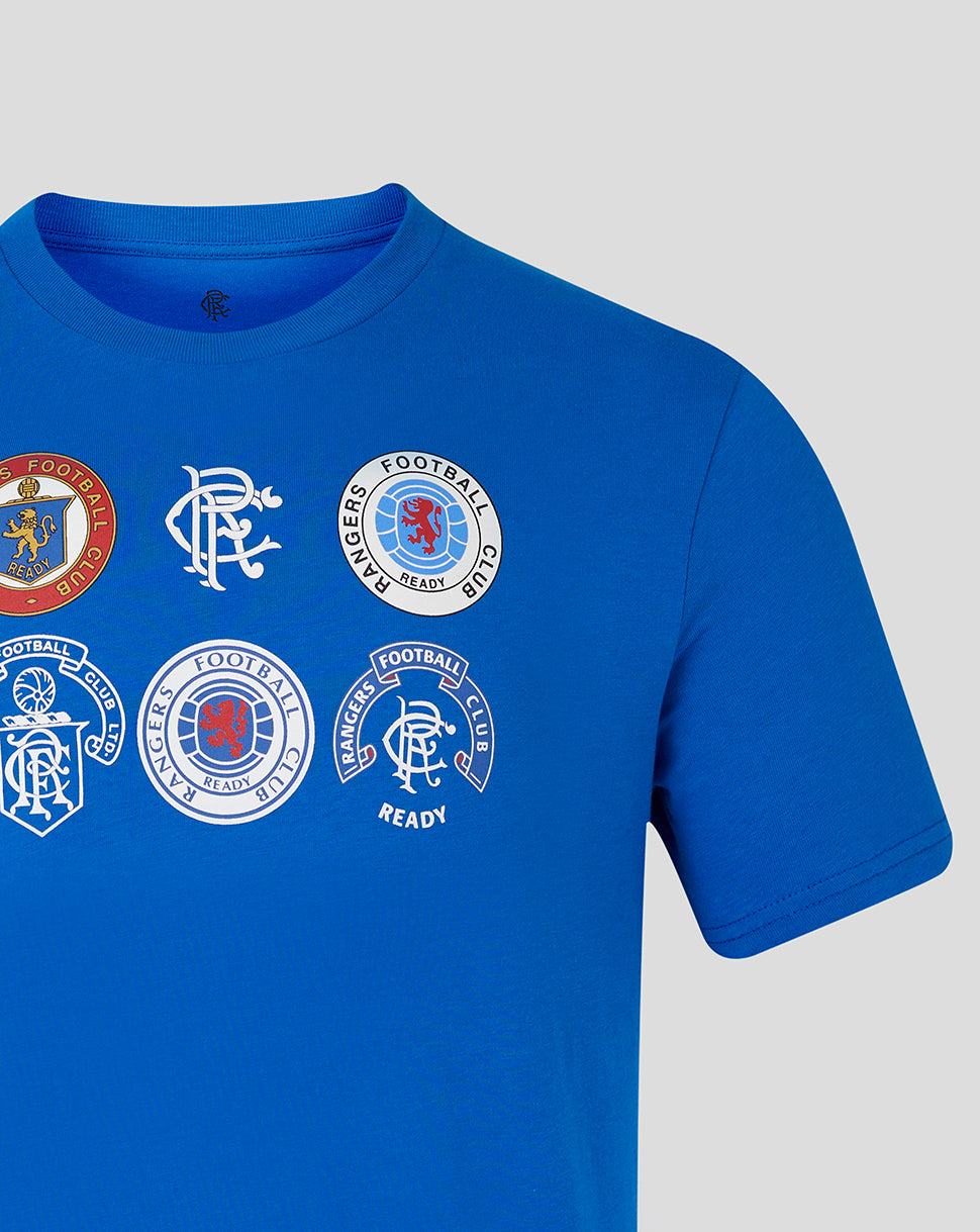 Front view of a lapis blue Rangers unisex 25/26 badge tee with multiple circular club badges across the chest.