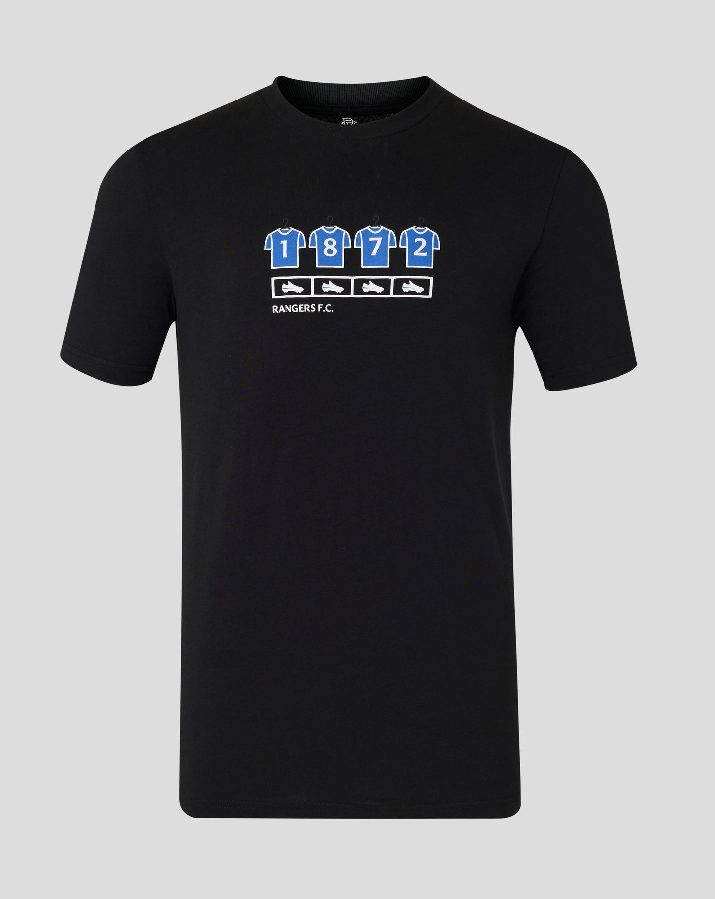 Front view of black Rangers Unisex 25/26 Changing Room Tee featuring blue numbered jersey icons and shoe graphics.