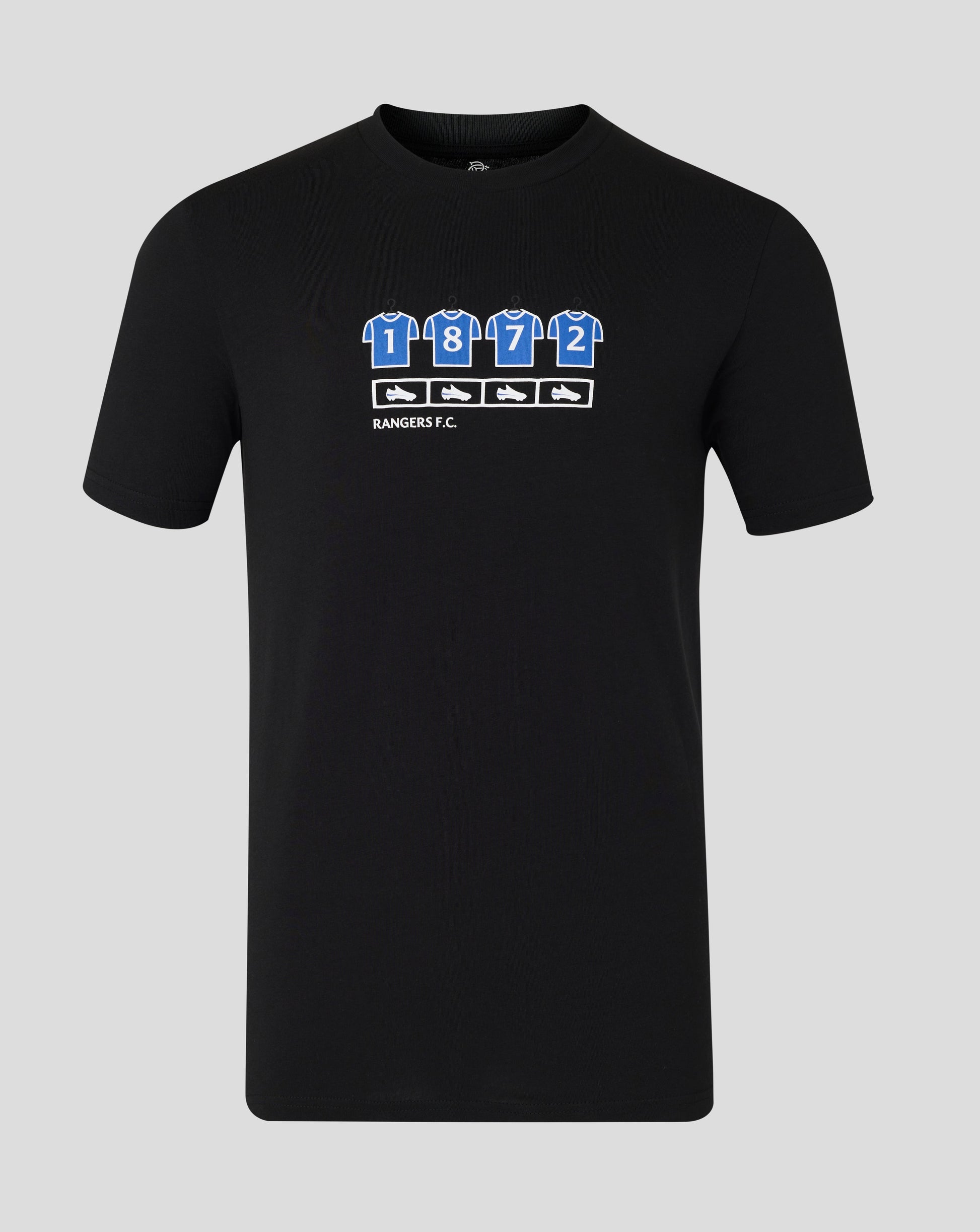 Front view of black Rangers Unisex 25/26 Changing Room Tee featuring blue numbered jersey icons and shoe graphics.