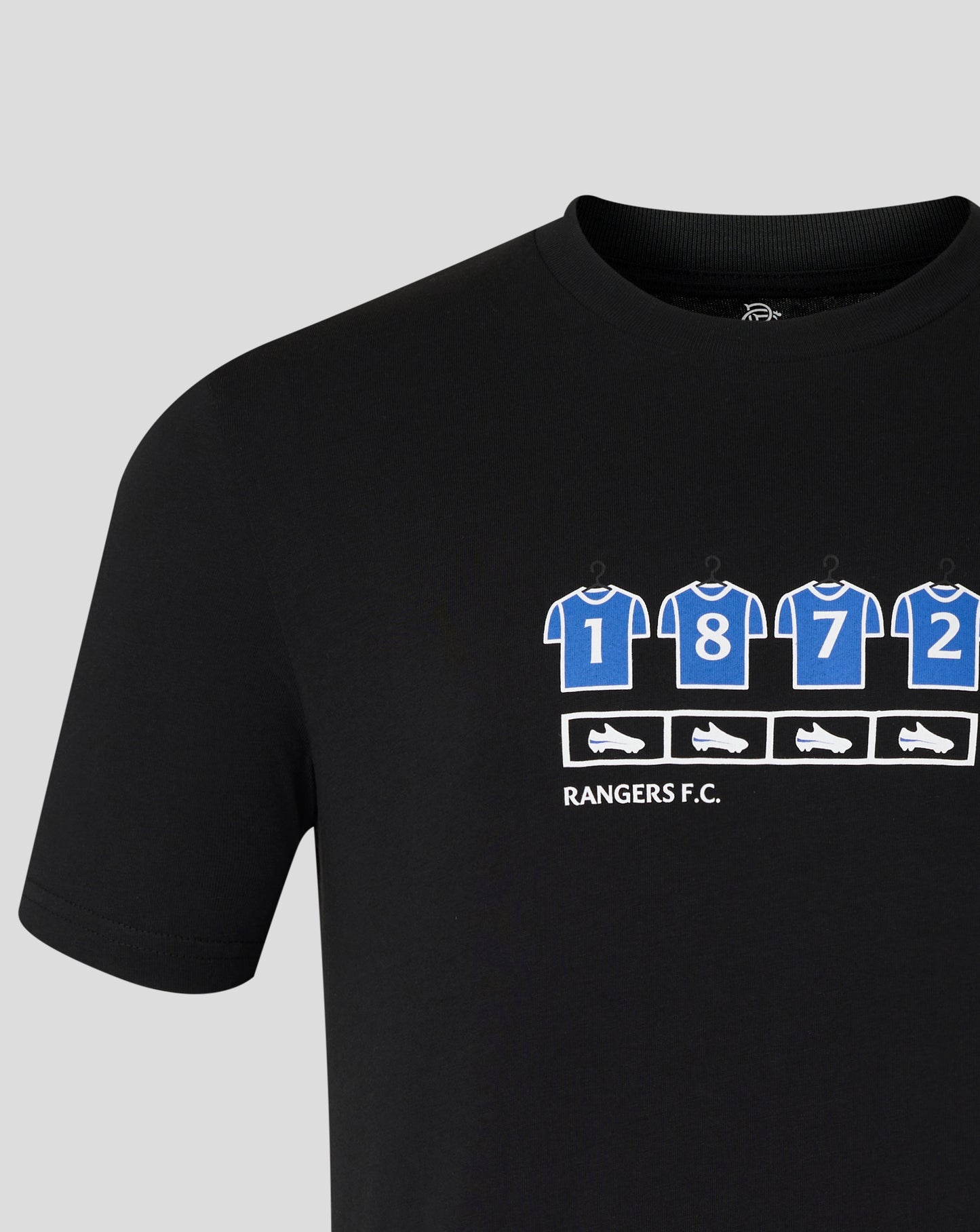 Front of black Rangers Changing Room tee showing blue numbered jerseys graphic and Rangers F.C.