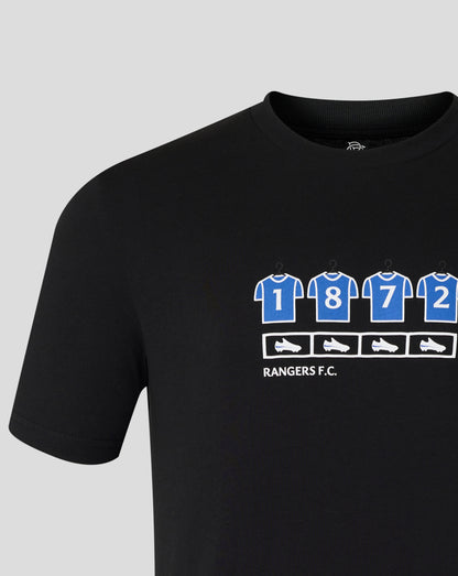Front of black Rangers Changing Room tee showing blue numbered jerseys graphic and Rangers F.C.
