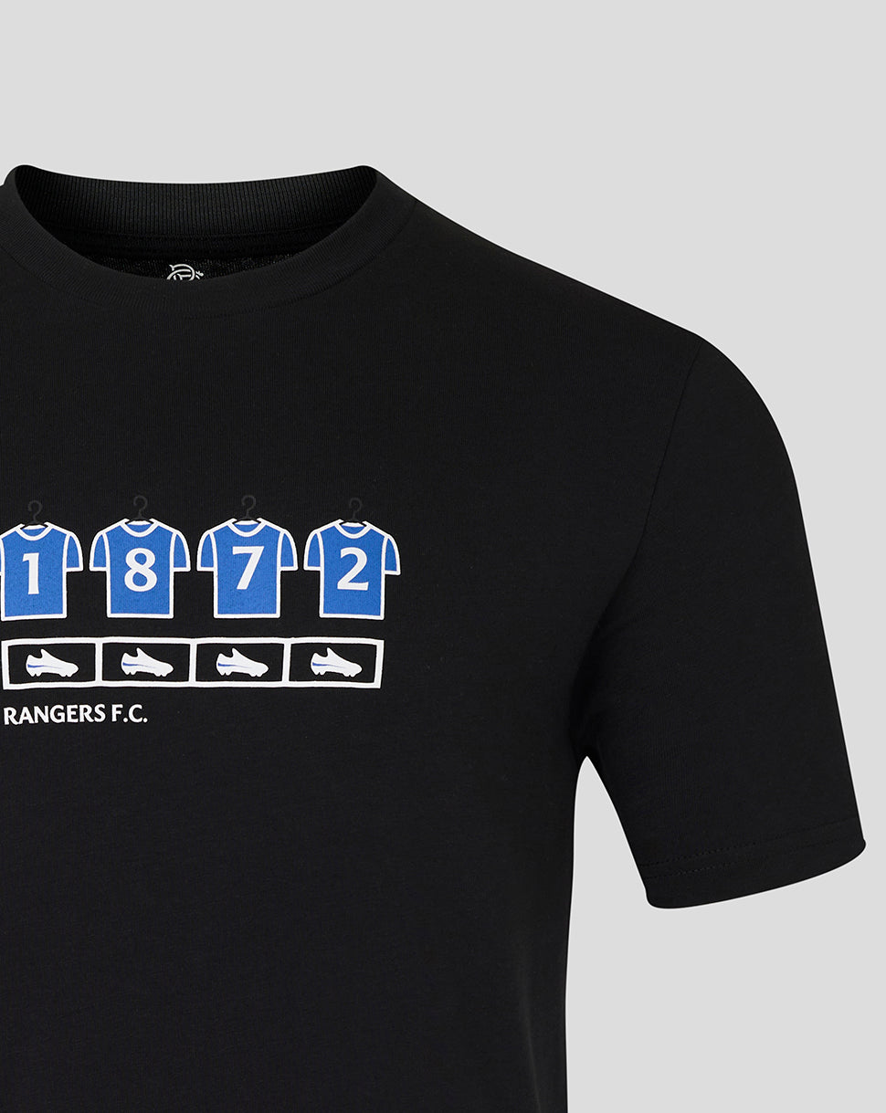 Black Rangers Changing Room tee with blue numbered jerseys and shoe icons graphic on chest