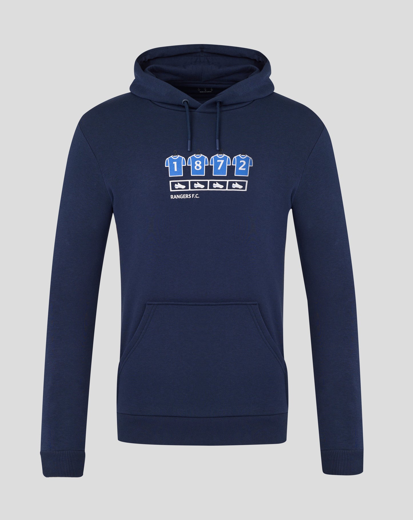 Navy blue unisex hoodie with Rangers F.C. changing room graphic showing four blue jerseys and boots.