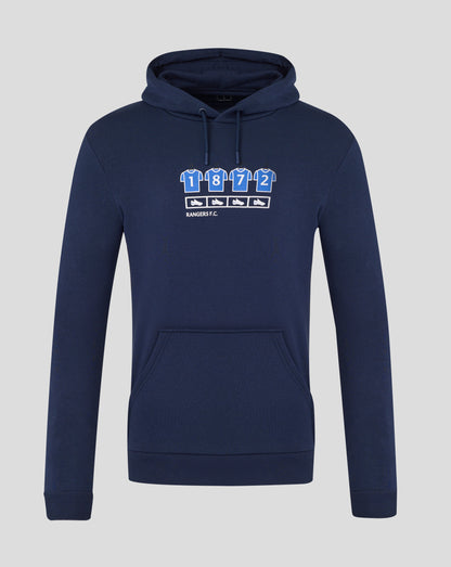 Navy blue unisex hoodie with Rangers F.C. changing room graphic showing four blue jerseys and boots.