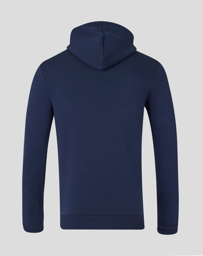 Back view of a navy blue Rangers Unisex Changing Room Hoodie with the hood up