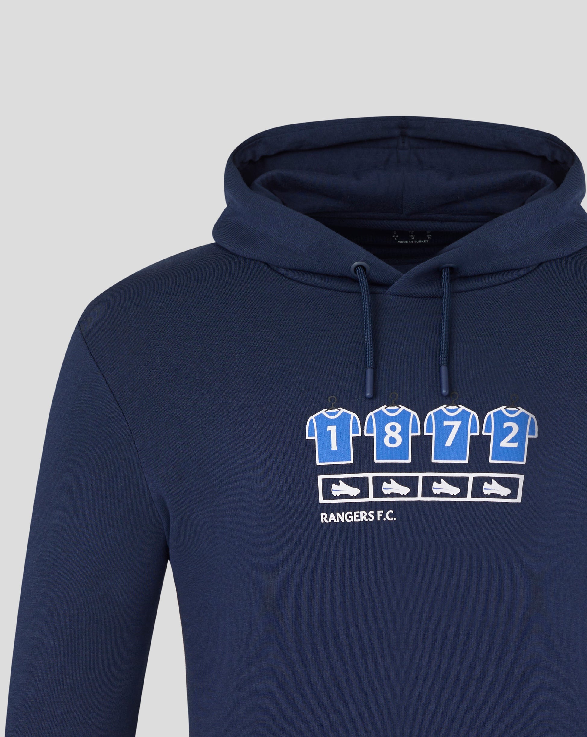 Close up of a navy Changing Room Hoodie hood showing drawstrings and interior lining