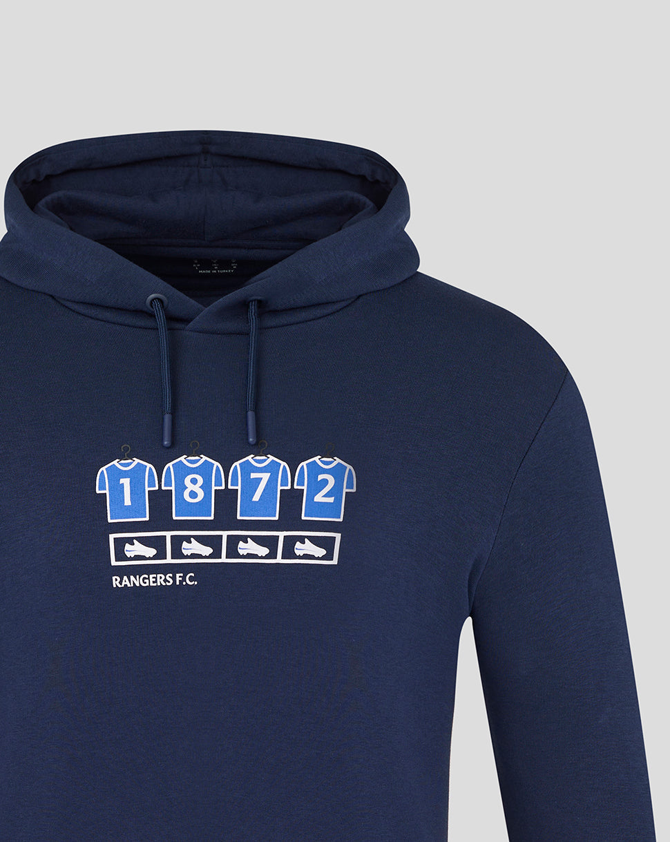Close-up of the navy hoodie chest with four blue jerseys and boot icons forming a Rangers graphic.