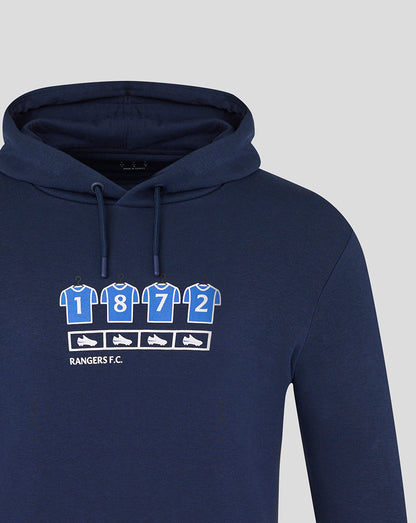 Close-up of the navy hoodie chest with four blue jerseys and boot icons forming a Rangers graphic.
