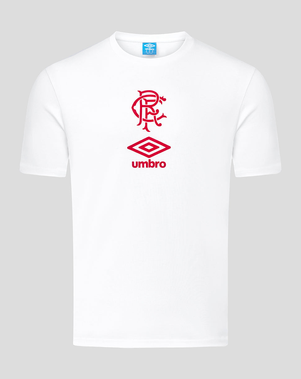 Front view of a white Rangers junior short sleeve tee with red crest and Umbro logo