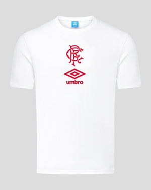 Front view of a white Rangers junior short sleeve tee with red crest and Umbro logo