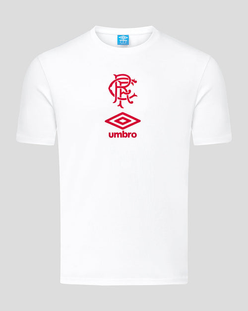 Front view of a white Rangers junior short sleeve tee with red crest and Umbro logo