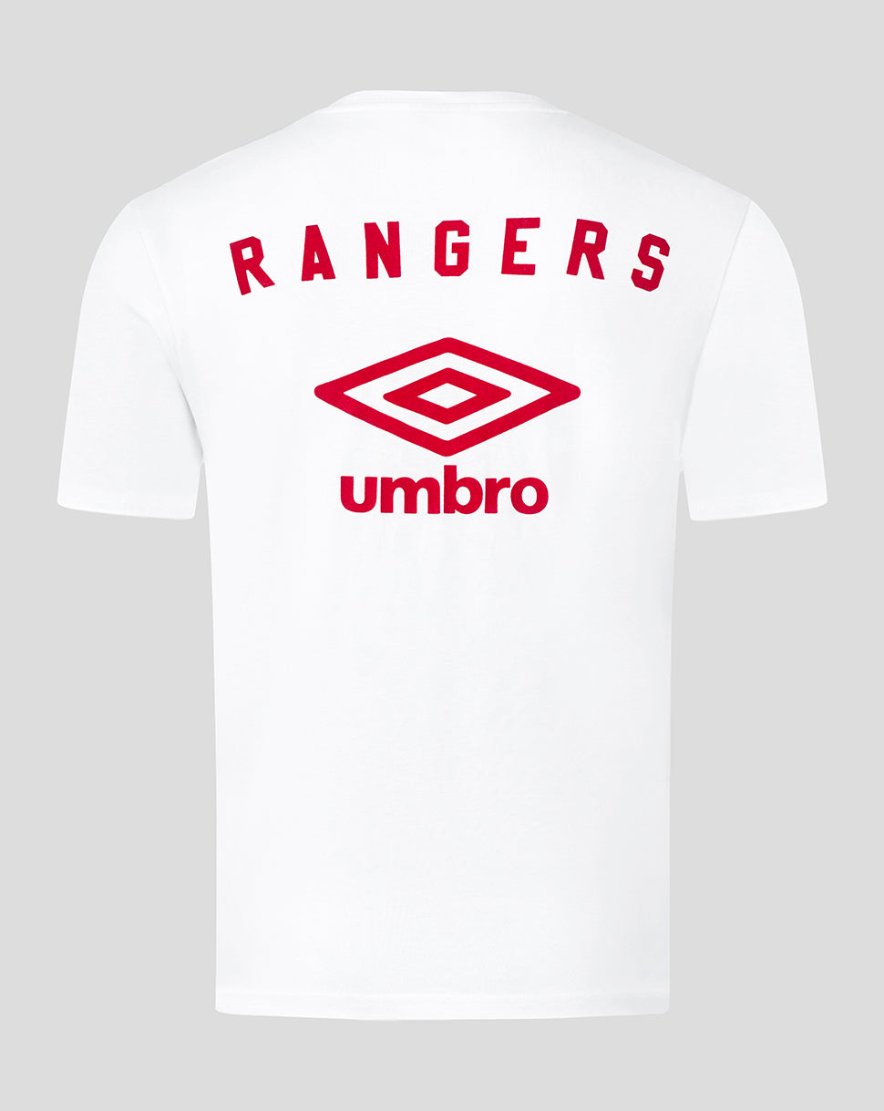 Back view of white Rangers tee with red RANGERS lettering and Umbro diamond logo across the upper back.