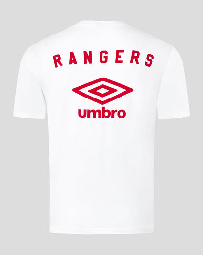 Back view of white Rangers tee with red RANGERS lettering and Umbro diamond logo across the upper back.