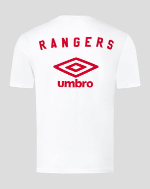 Back view of white Rangers junior tee with red RANGERS lettering and Umbro emblem