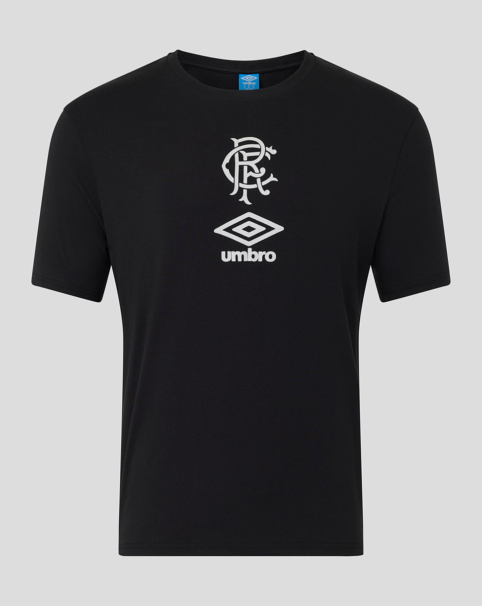 Rangers adult travel short sleeve tee in black Caviar featuring a white crest and Umbro logo.