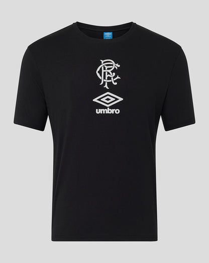 Rangers adult travel short sleeve tee in black Caviar featuring a white crest and Umbro logo.