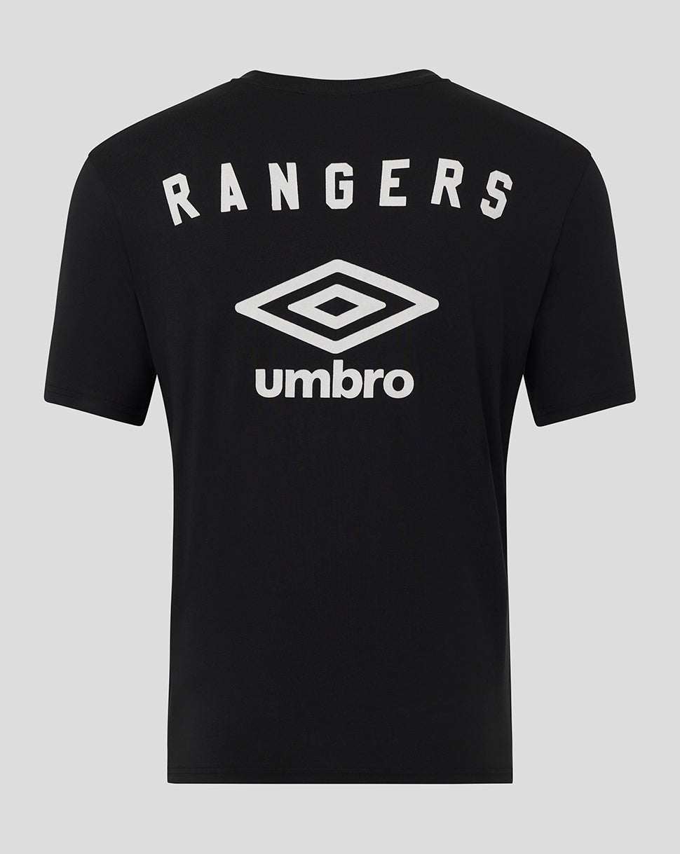 Back view of black Rangers travel short sleeve tee with white Rangers lettering and Umbro diamond logo.