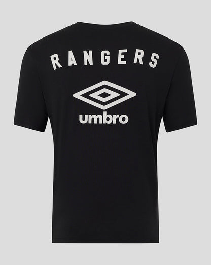 Back view of black Rangers travel short sleeve tee with white Rangers lettering and Umbro diamond logo.