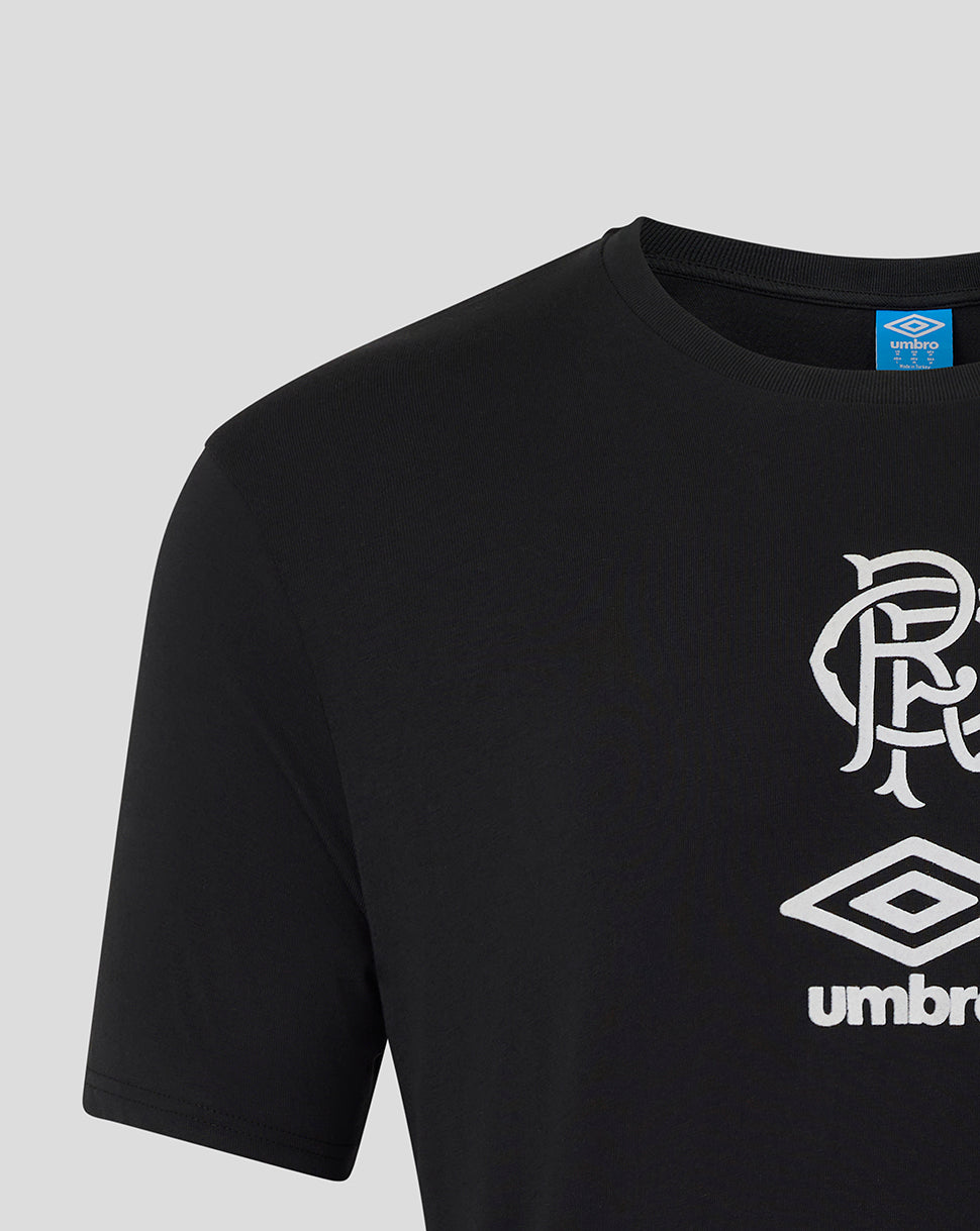 Neckline close-up of black Rangers tee with blue Umbro tag and partial white logo on the front.