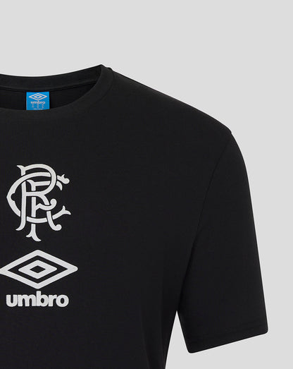 Front close-up of black Rangers tee showing white monogram crest and Umbro diamond logo on chest.