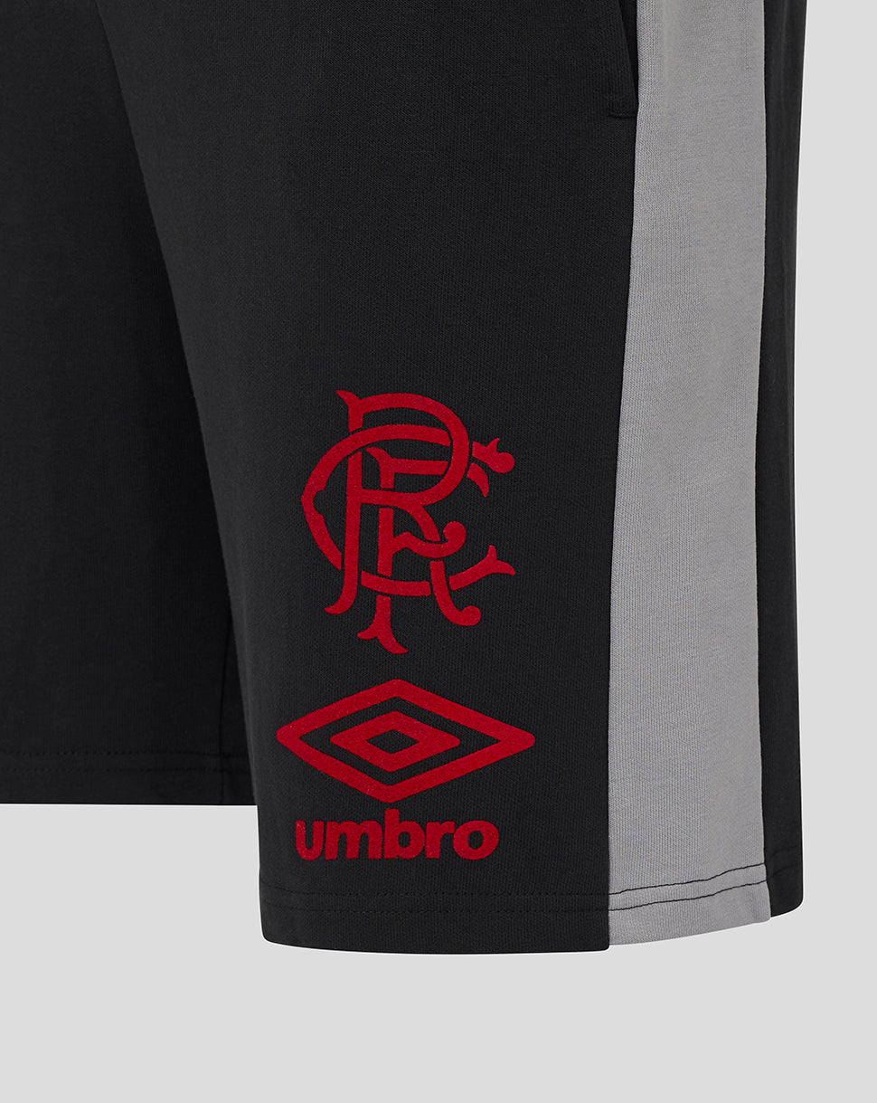 Close up of Rangers Travel Shorts in black with a red Umbro logo on the leg and a grey side panel.