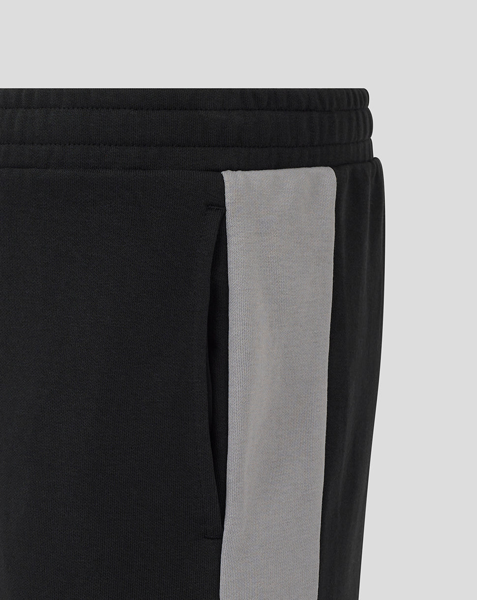 Close up of the shorts side showing a black body with a grey stripe and a pocket opening.